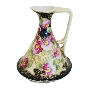Antique Nippon Moriage Hand-Painted Floral Ewer Pitcher Vase – 1920s, 7”